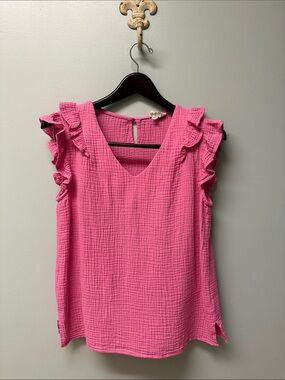 100% cotton BiBi hot pink wrinkle gauze blouse ruffle Small top